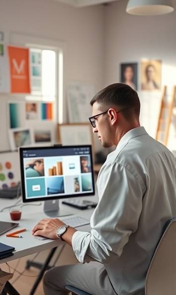 elegant designlayout, contemplative, refining elements, photorealistic, creative studio with color swatches and mood boards, highly detailed, the designer is intensely focused on screens, pastel theme, diffuse sunlight, shot with an 85mm lens.