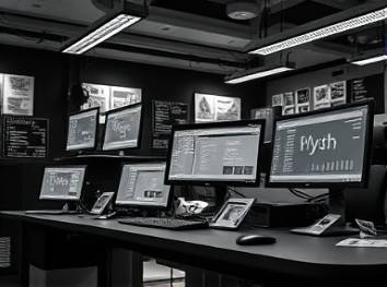 innovative webdesign, satisfied, testing prototypes, photorealistic, tech-savvy space with gadgets and multiple monitors, highly detailed, quick scaling animations, grayscale, high-contrast lighting, shot with a 24mm wide-angle lens.