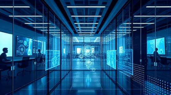 cutting-edge designservices, reflective, revising wireframes, photorealistic, contemporary office with smart glass panes and holograms, highly detailed, interactive holographic interface, monochromatic, directional spotlighting, shot with a 100mm macro lens.