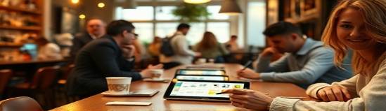 versatile websitedesign, curious, sketching on digital tablet, photorealistic, bustling cafe environment with tablets and cups, highly detailed, people occasionally glancing over, earthy color palette, morning light, shot with a 35mm lens.