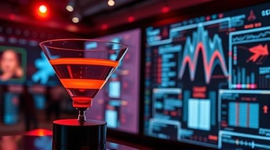 strategic funnel conversion, pleased, optimizing engagement paths, photorealistic, interactive tech exhibition, highly detailed, immersive screens, ultra-high resolution, deep reds and oranges, spotlight effects, shot with a 100mm macro lens.