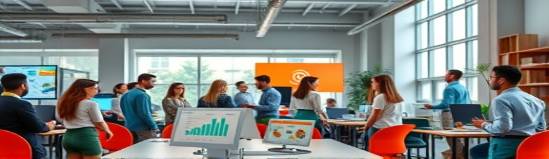 dynamic retargeting platforms, strategic, launching a digital campaign, photorealistic, bustling digital agency with diverse teams, highly detailed, interactive displays, vibrant orange and teal, natural window light, shot with a wide-angle lens.