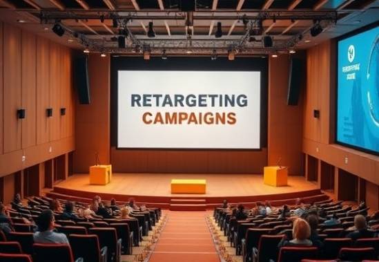 innovative retargeting campaigns, excited, presenting creative banners, photorealistic, spacious presentation hall with a large screen, highly detailed, realistic mock-up designs, warm earth tones, stage spotlighting, shot with a zoom lens.