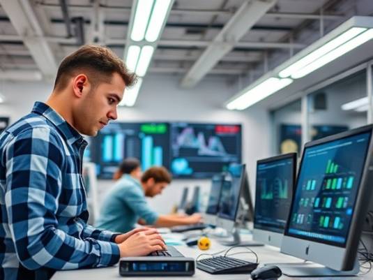 efficient retargeting technology, inquisitive, testing cross-platform compatibility, photorealistic, collaborative workspace with diverse technology gadgets, highly detailed, network diagrams, vibrant jewel tones, overhead fluorescent lights, shot with a 24mm lens.