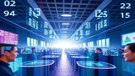 visionary vision future, optimistic expression, forecasting, photorealistic, advanced technology environment with holographic displays, highly detailed, vibrant activity and motion, crisp imagery, vibrant hues, backlit glow, shot with an ultra-wide lens.