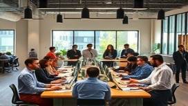 unifying mission statement, collaborative expression, engaging, photorealistic, diverse multicultural teamwork in open-plan workspace, highly detailed, shared digital platforms, realistic textures, warm undertones, overhead lighting, shot with a 24mm lens.