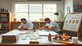 innovative vision goals, creative expression, brainstorming, photorealistic, dynamic studio setting with art supplies, highly detailed, sketches and designs in progress, complex patterns, vivid palette, lit by daylight, shot with a telephoto lens.