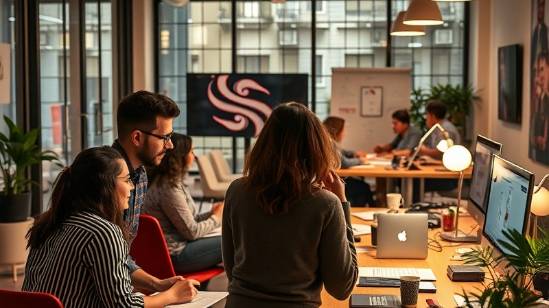 captivating brand voice services in Tracy for identity, expressive, defining,  modern office with brainstorm areas, highly detailed, employees actively creating branding material, ultra-high-definition color grading, warm tones, soft overhead lighting,