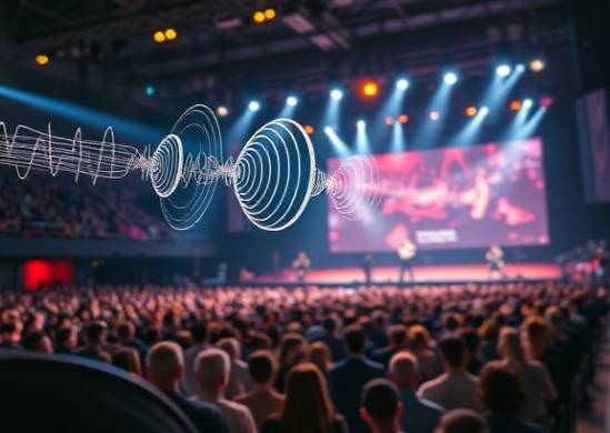 harmonious voice tone, articulate, resonating, photorealistic, concert stage with diverse audience, highly detailed, sound waves visualized in the air, crisp audio-visual synchronization, bold colors, dynamic stage lighting, shot with a 50mm camera lens.