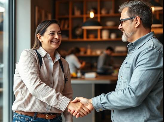customers trusting a business because of strong brand voice services in Tracy. customers shaking the owners hand that implemented brand voice services in Tracy.