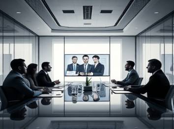 strategic voice branding, innovative, negotiating, photorealistic, sleek corporate boardroom with glass walls, highly detailed, presenters showcasing digital presentations, high-resolution contrast, monochrome scheme, focused spotlighting, shot with a 24-105mm camera lens.