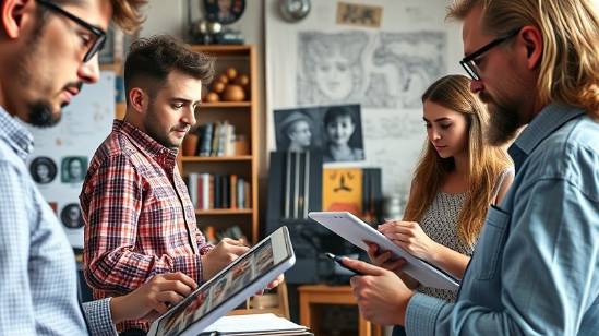 expressive brand identity creation, inspiring, brainstorming, photorealistic, artistic studio with sketchpads and tablets, highly detailed, designers immersed in work, high-definition textures, vibrant palettes, diffused daylight, shot with a macro lens.