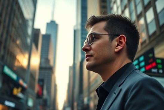 in-depth opposition analysis, thoughtful reflection, assessing risks, photorealistic, financial district with skyscrapers in the background, highly detailed, digital stock tickers scrolling with updates, crisp imagery, monochromatic scheme, late afternoon glow, shot with a 70-200mm lens.