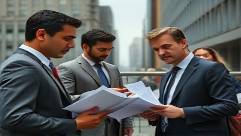 strategic market opposition, determined faces, collating reports, photorealistic, urban landscape with people in business attire, highly detailed, papers rustling in the breeze, high definition, muted hues, clear afternoon sun, shot with a 100mm lens.