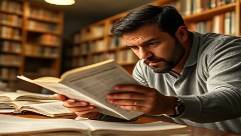 focused opposition research, intense expressions, examining financial statements, photorealistic, university library with academic journals scattered, highly detailed, wind rustling pages, clear and sharp, sepia tone, soft interior lighting, shot with a 105mm lens.