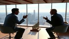 heated market conflict, animated gestures, presenting arguments, photorealistic, modern conference center with panoramic city views, highly detailed, shadows moving across the floor, high resolution, vivid contrast, ambient daylight, shot with a 135mm lens.