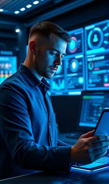 dedicated professional, enhancing reputation, managing online profiles, photorealistic, tech-savvy office with holographic displays, highly detailed, multi-screen interface glow, cool blue hues, LED lighting accents, shot with a Canon RF 35mm f/1.8 macro.