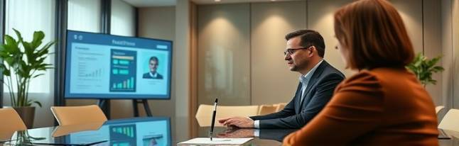 expert consultant, providing solutions, interacting with client, photorealistic, upscale boardroom with digital smartboards and stylus in hand, highly detailed, attentive facial expressions, neutral tones with greenery, soft track lighting, shot with a Nikon Z 85mm f/1.8.