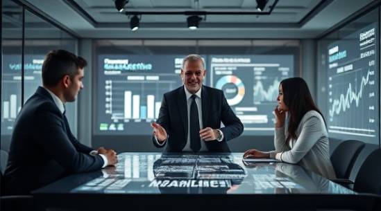 technology-savvy leader, executing marketing plan, guiding team, photorealistic, high-tech conference room with touch-table and live data charts, highly detailed, leadership body language, sleek monochrome colors, overhead spotlights, shot with a Leica Summilux-M 50mm f/1.4 ASPH.